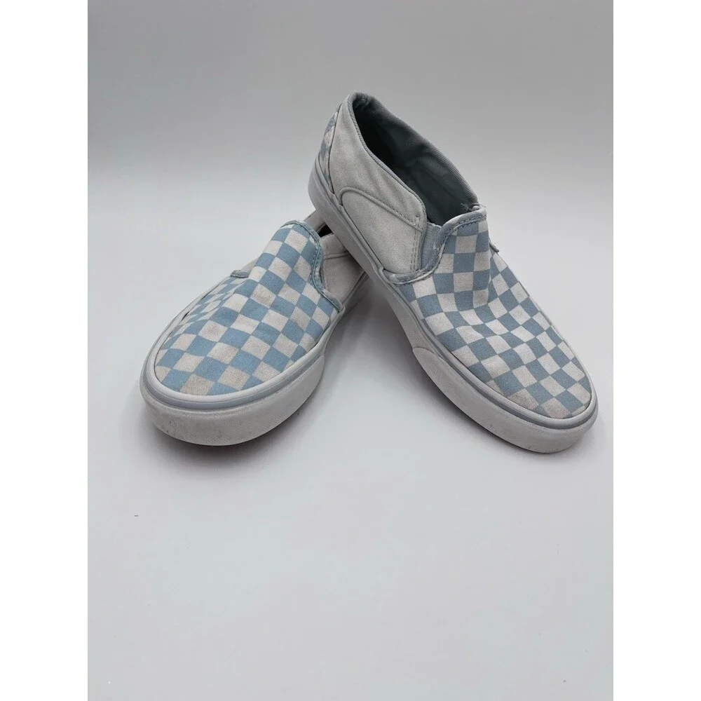 Vans Classic Women's Skate 7 Light Blue White Slip On Checkerboard Color Theory
